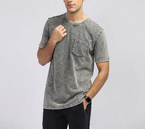 เสื้อยืดผู้ชายคุณภาพสูงแบบขายส่ง สีเทาฟอกกรด มีกระเป๋าเสื้อ คอกลม สั่งทำได้ ระบายอากาศดี สไตล์เรโทร แฟชั่น เสื้อยืดฟอกกรด - Product Image 5