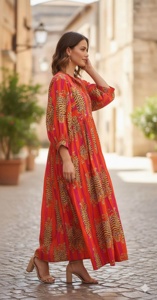 Cotton Floor Length Dress V Neck <b>Three</b> Quarter Puff Sleeves Loose Fit Animal Pattern Women Daily Wear Embroidery - Product Image 3