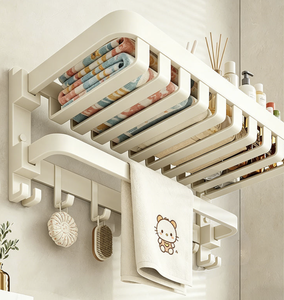 Porte-serviettes pliable blanc crème du Vietnam, sans perçage, à fixer au mur, étagère de rangement pour salle de bain - Product Image 4