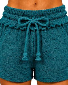 Teal Blue Women <b>Drawstring</b> Cotton Terry Shorts Elastic Waist Casual Summer Lounge Wear Soft Pocket Mini Shorts Custom Fashion - Product Image 5