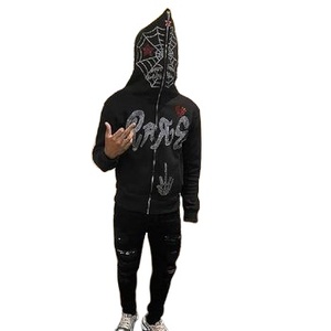 Sudadera con capucha y cremallera completa de moda gótica con esqueleto de diamantes de imitación para hombre y mujer, con logotipo personalizable, estilo acid wash - Product Image 1