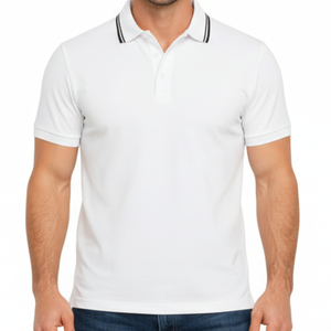Custom Logo Men's <b>White</b> Polo <b>Shirt</b> with Black Contrast Tipping Collar Short Sleeve Breathable Athletic Fit Casual Polo <b>shirt</b> - Product Image 2
