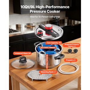 Pentola a Pressione in Acciaio Inox da 10Qt con Coperchio in Vetro Temperato, Griglia per Cottura a Vapore, Compatibile con Fornelli a Induzione, Tre Livelli di Pressione - Product Image 4