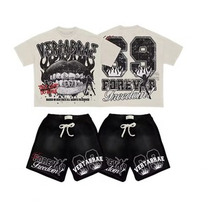 High Quality Man's Summer Short Set Black Cotton Men's Streetwear T-Shirt Set Cotton Crew Neck Printed Letter Design Summer - Product Image 1