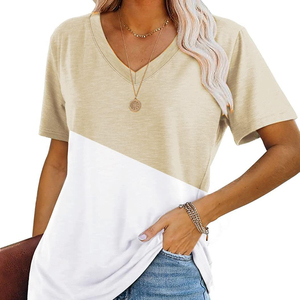T-shirt décontracté à manches courtes pour femme, rose clair, col en V, tricoté, écologique, anti-boulochage, respirant, en coton compressé, pour l'été - Product Image 1