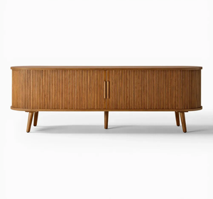 Meuble TV moderne minimaliste en teck massif avec porte coulissante et étagère ouverte, meuble de salon scandinave - Product Image 2