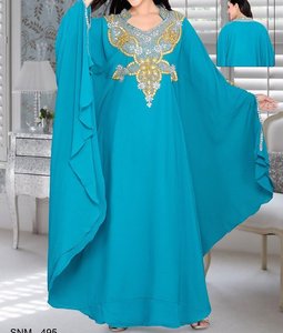 Robe de soirée longue en polyester brodée de perles turquoise, col montant, manches longues, style islamique modeste, grande taille pour femme - Product Image 1