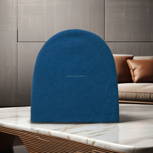 Gorro de invierno unisex tejido a mano, gorro reversible de Cachemira azul con borde a rayas elegante, gorros a precio de fábrica al por mayor - Product Image 1