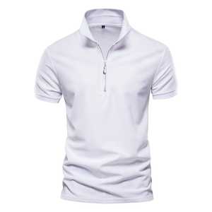 Men's <b>White</b> Short Sleeve Stand Collar Zipper <b>Polo</b> Shirt Slim Fit Casual Knitted T-Shirt - Product Image 1