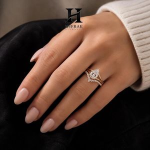Trendy Teardrop Cut Wedding <b>Ring</b> <b>Set</b> 2-Piece Interlocking Tiara Crown Band 10K 14K Yellow <b>Gold</b> Custom Fine Jewelry - Product Image 1