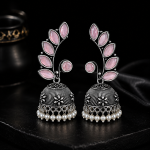 Rose Quartz Marquise Oxidized <b>Silver</b> indian <b>Dangle</b> Jhumka <b>Earrings</b> for Women | Premium Quality | Hot Selling Ready Stock - Product Image 5