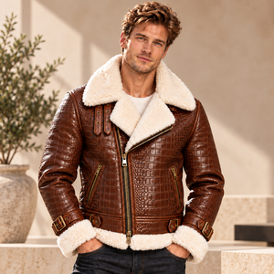 <b>Men's</b> Brown Crocodile Embossed Genuine Leather <b>Shearling</b> Jacket Winter Aviator Biker <b>Coat</b> OEM Wholesale Custom Manufacturer - Product Image 1