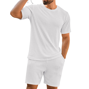 Men's Summer Casual White <b>Waffle</b> Cotton T-<b>Shirt</b> And Shorts Set Crew Neck Casual Summer Breathable Matching Outfit - Product Image 1