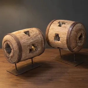 <b>Vintage</b> Heavy Wooden Cylindrical Wheel Sculpture Metal Stand Console <b>Sideboard</b> Display Decor for Living Room Bedroom Farmhouse - Product Image 6