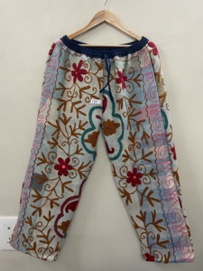Pantalones de algodón bordados Suzani para mujer, pantalones étnicos florales estilo bohemio, cintura elástica con cordón, longitud completa - Product Image 6