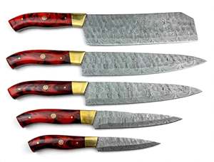 Ensemble de 5 couteaux de cuisine en acier Damas faits à la main, manche en résine rouge, embout en laiton, couteau de chef - Product Image 3