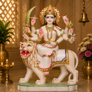 White Marble Durga Maa Statue on Lion | Handcrafted Durga Mata Murti with Golden Ornaments by MALIYAS Jaipur - Product Image 1