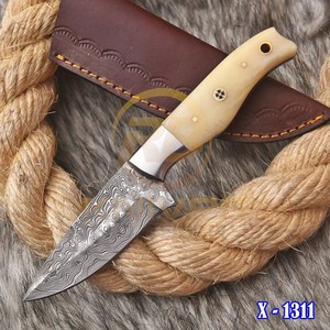 Cuchillo de Hoja Fija de Acero de Damasco, Punta Caída, Borde Recto, Mango de Hueso, Cuchillo para Acampar al Aire Libre - Product Image 5