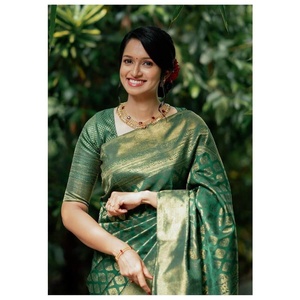 BANARASI TRADICIONAL BORDE DE SEDA TRABAJO SAREE CON BLUSA DESCOSADA VERDE - Product Image 1