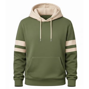 Sudadera con Capucha Personalizada para Hombre, al por Mayor, OEM, Verde Oliva, con Mangas a Rayas de Dos Tonos, Estilo Urbano - Product Image 1