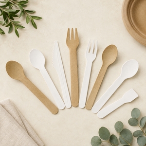 Ensemble de couverts jetables en papier blanc EcoRev, couteau, fourchette, cuillère, 158 mm, écologiques, biodégradables, de luxe, pour les fêtes - Product Image 1