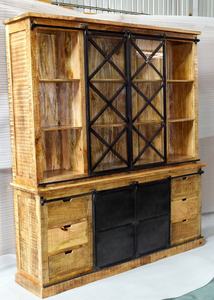 Armoire de salon en bois massif de style vintage avec porte en verre et fer tiroirs dernier cri industriel présentoir de stockage buffet vitrine - Product Image 6