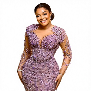 Luxurious Vintage Breathable Lilac Mermaid Prom Dress Beaded Evening Formal Party Gown Natural Waistline High Neckline Strapless - Product Image 1