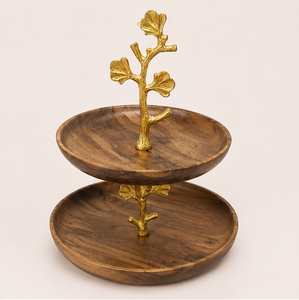 Luxury 2 Tier Acacia Wood Cake <b>Stand</b> with Gold <b>Tree</b> Branch Handle Modern Tiered Dessert Display <b>Stand</b> for Weddings Parties - Product Image 3