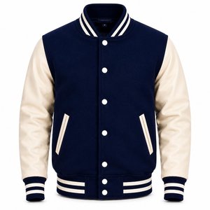 Veste de sport marine pour homme avec manches en cuir PU crème, coupe classique, fermeture boutonnée, style preppy, vêtement d'automne - Product Image 2