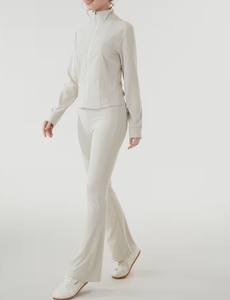 Ensemble sportif 2 pièces beige pour femme, en tricot Spandex/Coton, avec veste à manches longues color block et fermeture éclair, coupe régulière, respirant, toutes saisons - Product Image 5