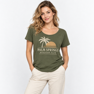 T-shirt en coton vert pour femme Palm Springs Weekend Club, col rond, manches courtes, coupe décontractée, imprimé jersey, printemps-été - Product Image 4