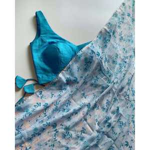 FASHIONABLE GEORGETTE DIGITAL PRINT CROCHET WORK SAREE CON BLUSA DESCOSTADA SKY - Product Image 1