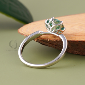 Handmade Antique Style Green Moissanite Engagement <b>Ring</b> Portuguese Cut <b>Solitaire</b> Wedding Band <b>Silver</b> Color Unique Jewelry - Product Image 2