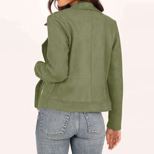 Vestes pour femmes en daim de style motard vert avec fermeture à glissière asymétrique col à revers manches longues recadrée Moto Fit Look Vintage moderne - Product Image 2