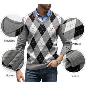 Suéter Casual Personalizado para Hombre, Cuello en V, Corte Ajustado, Manga Larga, Diseño Argyle, Tejido Acordonado, Antiarrugas, Antiencogimiento, Estampado Cálido - Product Image 6