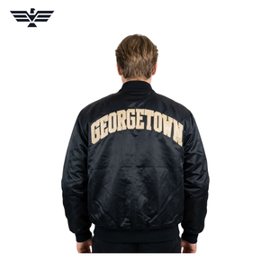 Blouson Bomber Unisexe Noir Brodé Lettres sur le Devant Col Montant Simple Boutonnage Style Universitaire Extérieur en Soie 100% Polyester Hiver - Product Image 3