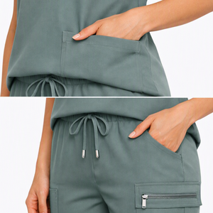 High Quality Customizable <b>Women</b> Scrub Set V Neck <b>Short</b> Sleeve Top <b>Cargo</b> Pants Hospital Uniform Sage Green Cotton Blend - Product Image 5