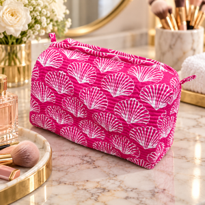Pink Seashell Printed Cotton Quilted Makeup <b>Bag</b> Wholesale <b>Women</b> Travel Cosmetic Pouch Large Capacity Zipper <b>Toiletry</b> Organizer - Product Image 4