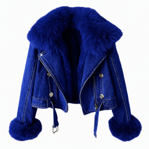 Veste de moto en jean rouge avec col et poignets en fourrure de renard, manteau d'hiver coupe-vent à manches courtes pour femme - Product Image 5