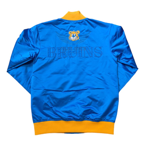   เสื้อแจ็คเก็ตเบสบอลผ้าซาตินสีน้ำเงินสำหรับผู้ชาย พร้อมโลโก้ปักและขอบสีเหลือง แขนยาว ทรงปกติ ใส่ได้ทุกฤดู - Product Image 2