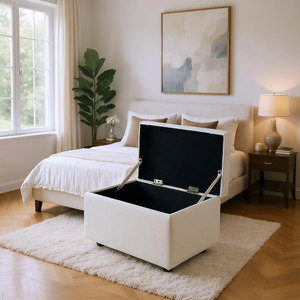 Panca Ottomana in Lino Beige Testurizzato (63x43x43cm) con Piedini in Gomma per Ingresso, Camera da Letto o Soggiorno - Product Image 4