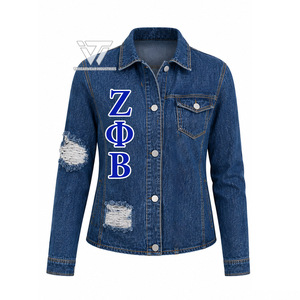 Vêtements de sororité Zeta Phi Beta personnalisés en gros pour femmes, veste en jean déchirée brodée, accessoires grecs - Product Image 1