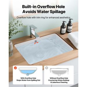 Lavabo Rettangolare da Incasso in Ceramica Bianca 18,5 x 13,19 Pollici con Foro per Troppopieno, Design Moderno da Appoggio - Product Image 4