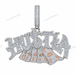 Pendentif en argent sterling plaqué or fait main, serti de moissanite VVS taille baguette, style hip-hop rappeur, motif 'Hustla Money' - Product Image 1