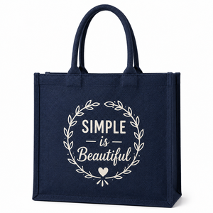 Simple Is Beautiful Jute Tote <b>Bag</b> Navy Blue Zipper Closure Hand Length Handle <b>Medium</b> <b>Size</b> Shopping <b>Bag</b> - Product Image 1