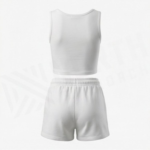 Women's <b>2</b> <b>Piece</b> <b>Set</b> <b>White</b> Sleeveless Crop Top With Geometric Print And Above Knee Shorts Casual Spring Summer Wear - Product Image 2