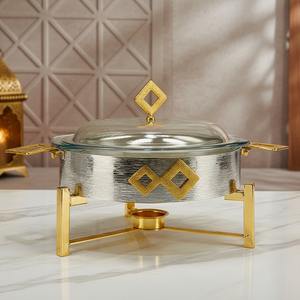 Luxury Inner <b>Glass</b> Chafing <b>Dish</b> Gold Stainless Steel Buffet Food Warmer Middle East Round Casserole Serving Pot <b>with</b> <b>Lid</b> & Stand - Product Image 1