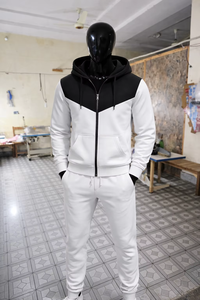 Men's <b>White</b> Color Blocking Hooded <b>Tracksuit</b> Full Length Casual Jogger Suit With Side Pockets Breathable Polyester Material - Product Image 6