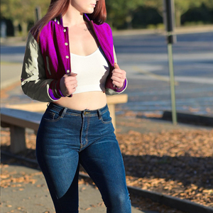 Womens Varsity Crop Jacket Magenta Pink Beige Letterman Style Bomber Coat Faux Leather Sleeves Casual Outerwear Ladies Fashion - Product Image 3