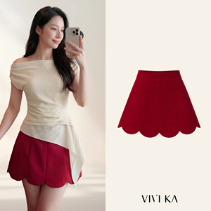 Mini-jupe trapèze rouge pour femme avec ourlet festonné, taille élastique, style doux, couleur unie, tissu tissé THETIS - Product Image 1
